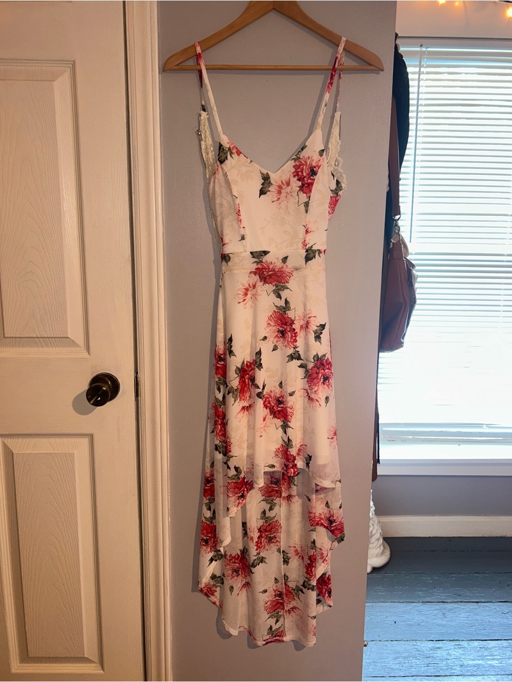 No Boundaries White Floral Backless Slip Dress with Pink Flowers